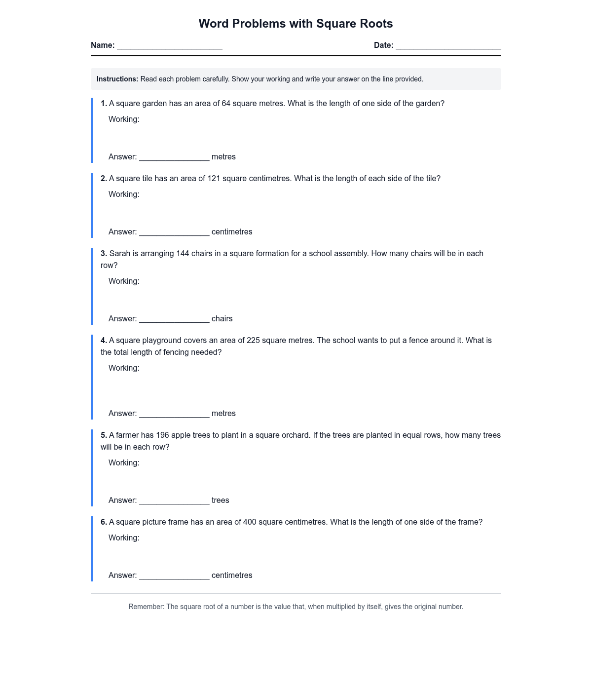 Word Problems with Square Roots