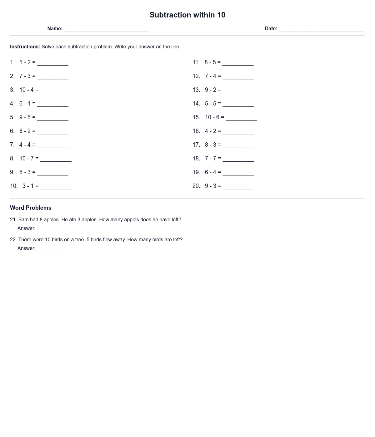 Subtraction within 10