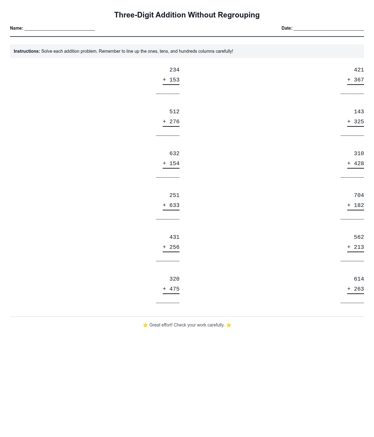 Three-Digit Addition Without Regrouping
