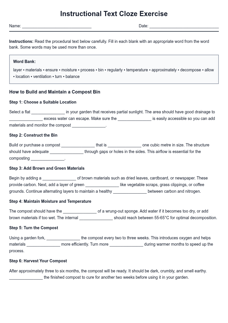 Instructional Text Cloze Exercise