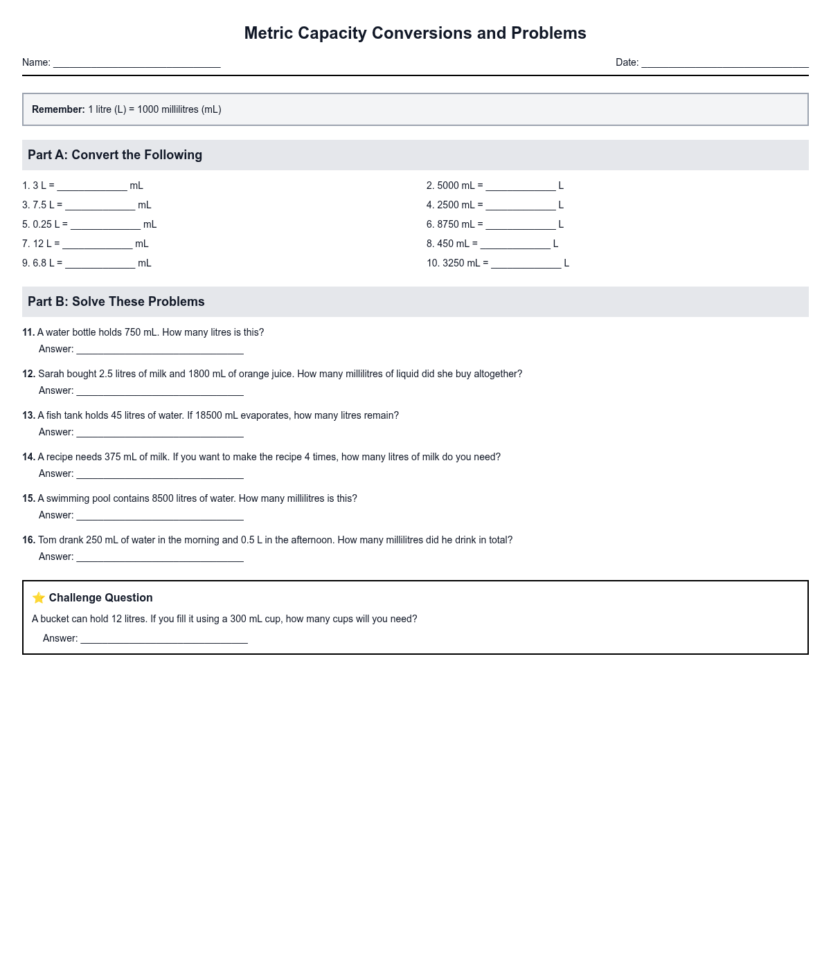 Metric Capacity Conversions and Problems