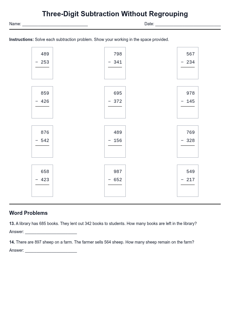 Three-Digit Subtraction Without Regrouping