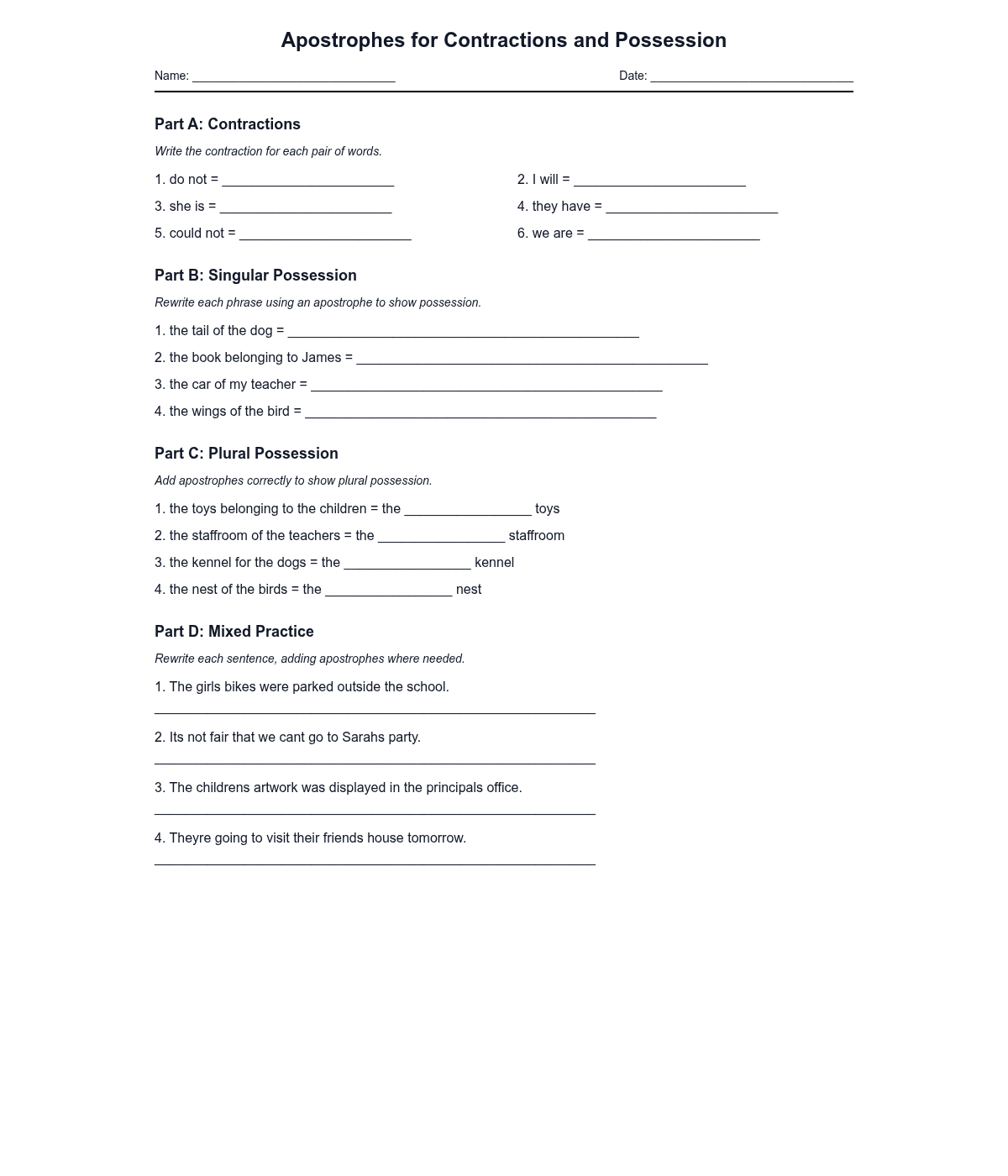Apostrophes for Contractions and Possession