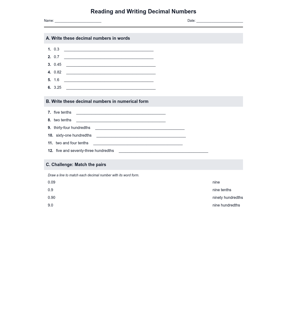 Reading and Writing Decimal Numbers
