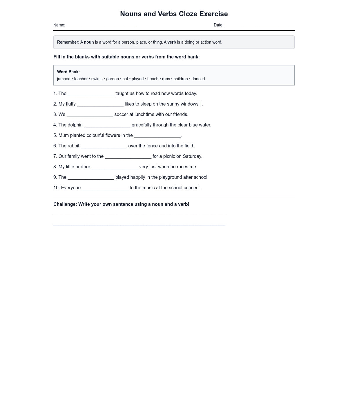 Nouns and Verbs Cloze Exercise