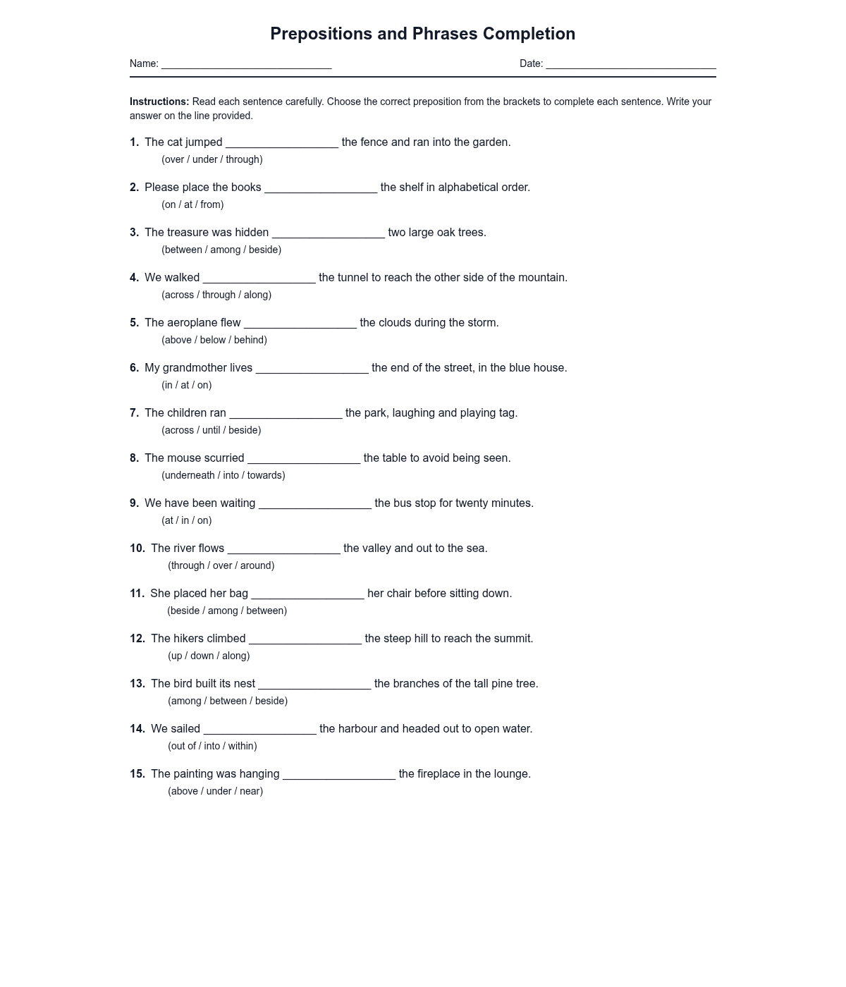 Prepositions and Phrases Completion