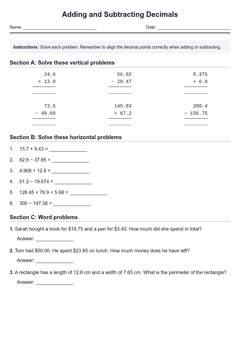 Adding and Subtracting Decimals