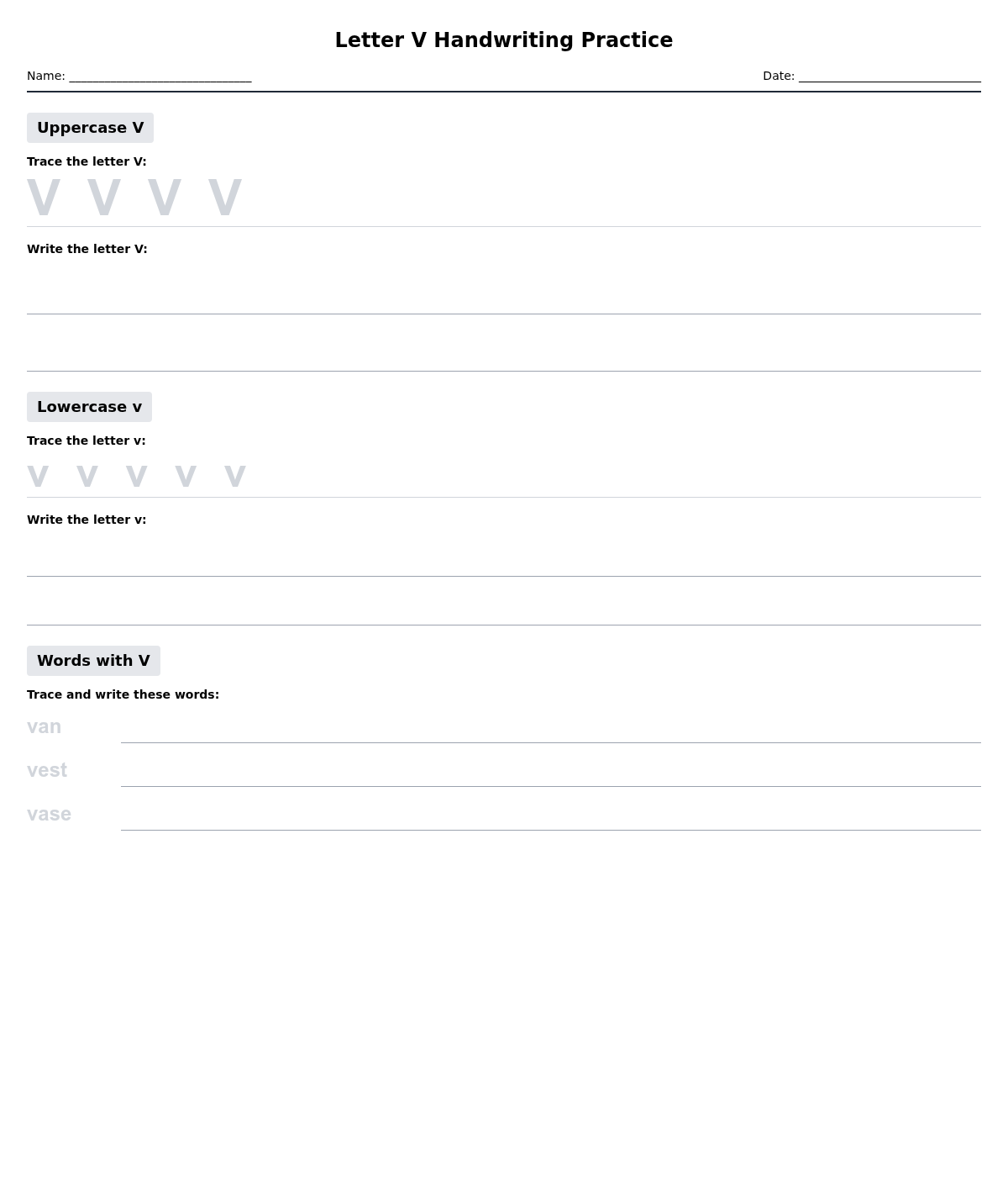 Letter V Handwriting Practice