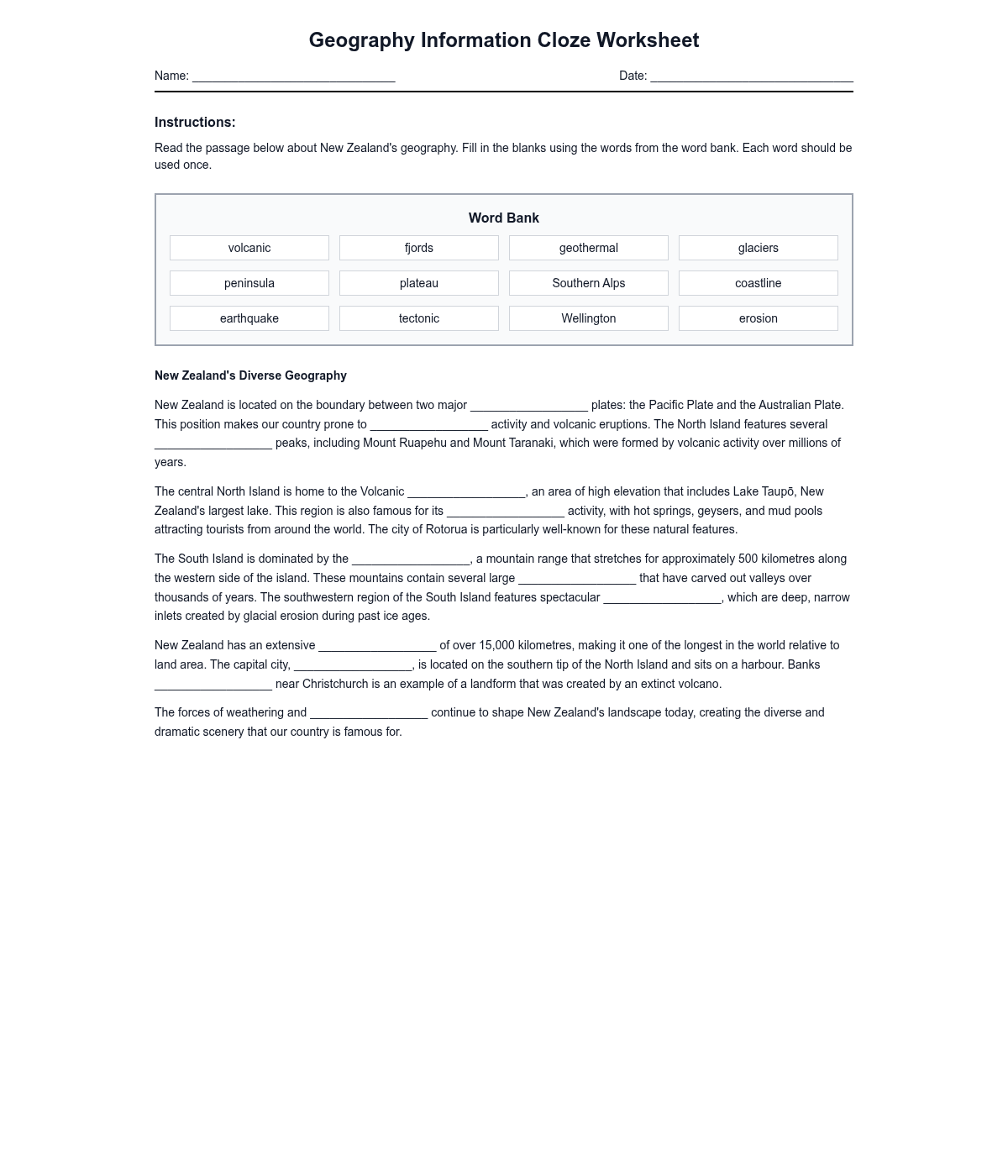 Geography Information Cloze Worksheet
