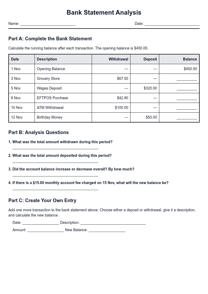 Bank Statement Analysis Worksheet