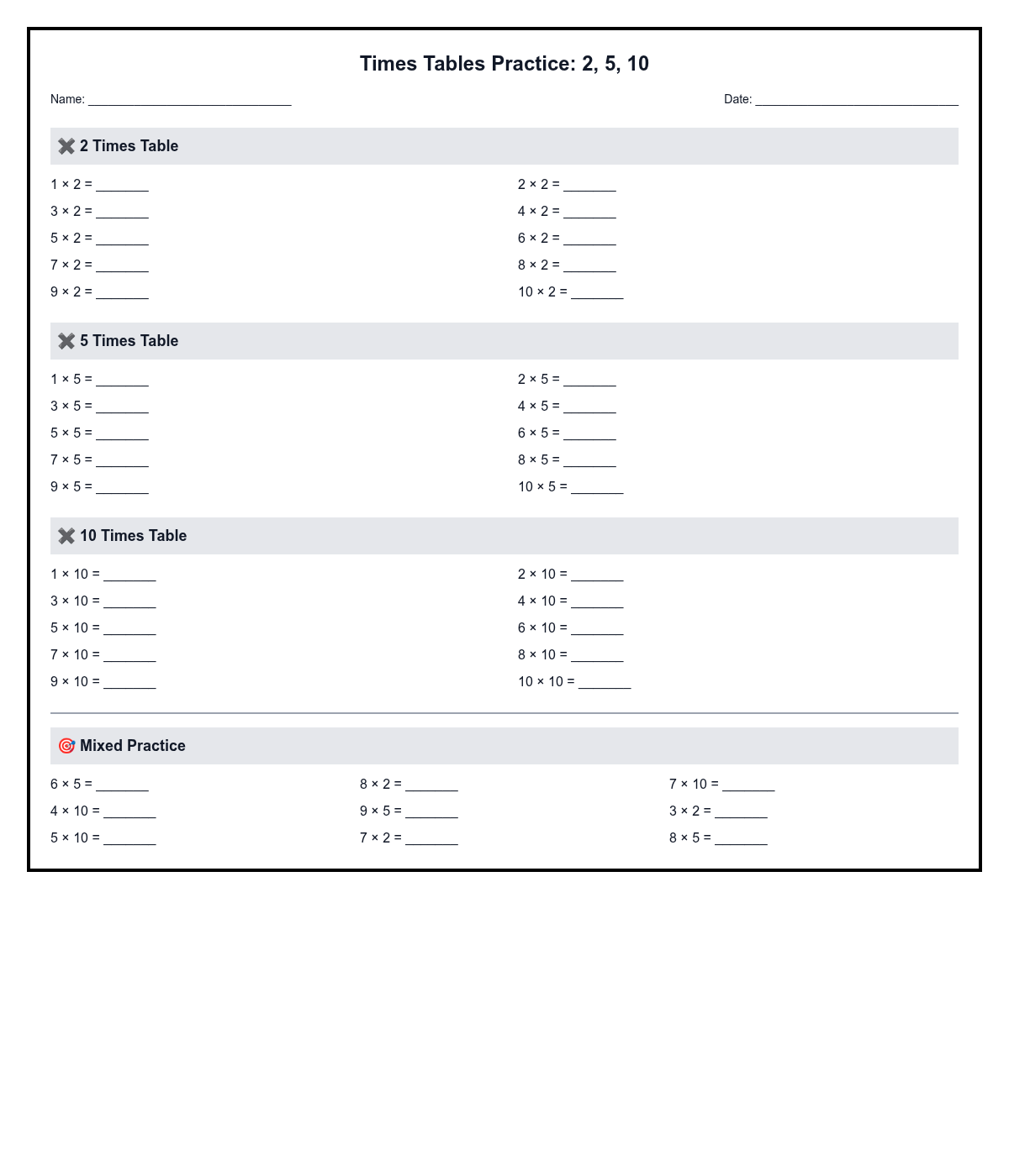 Times Tables Practice 2, 5, 10