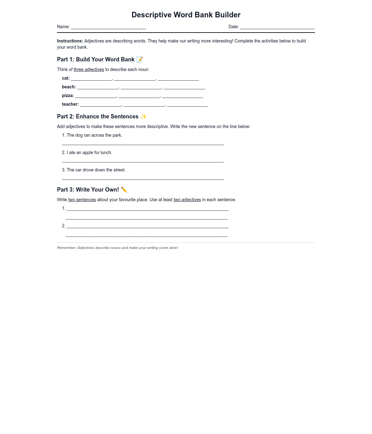 Descriptive Word Bank Builder