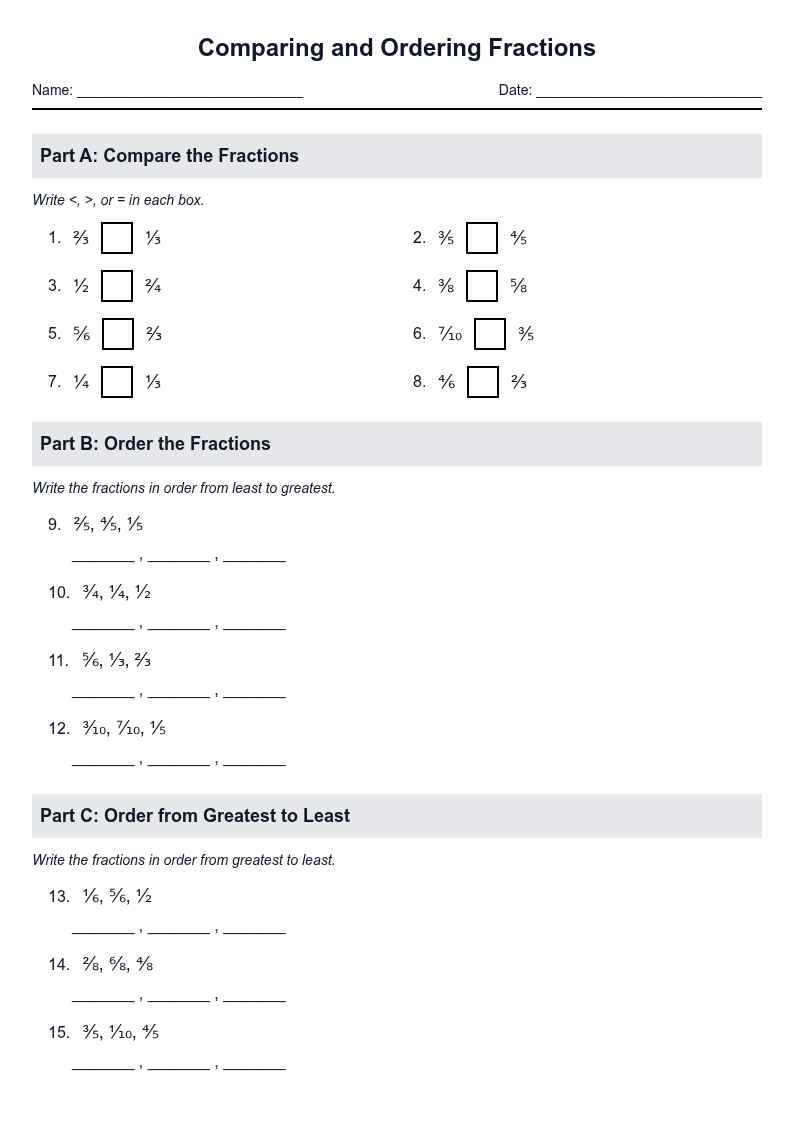 Comparing and Ordering Fractions