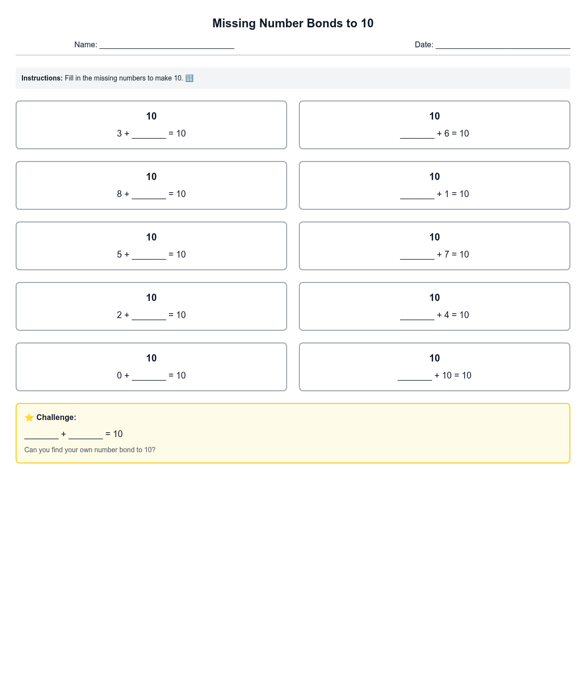 Missing Number Bonds to 10