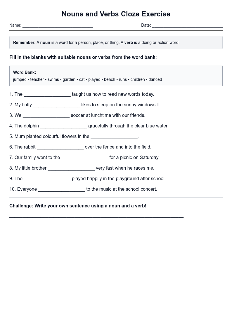 Nouns and Verbs Cloze Exercise