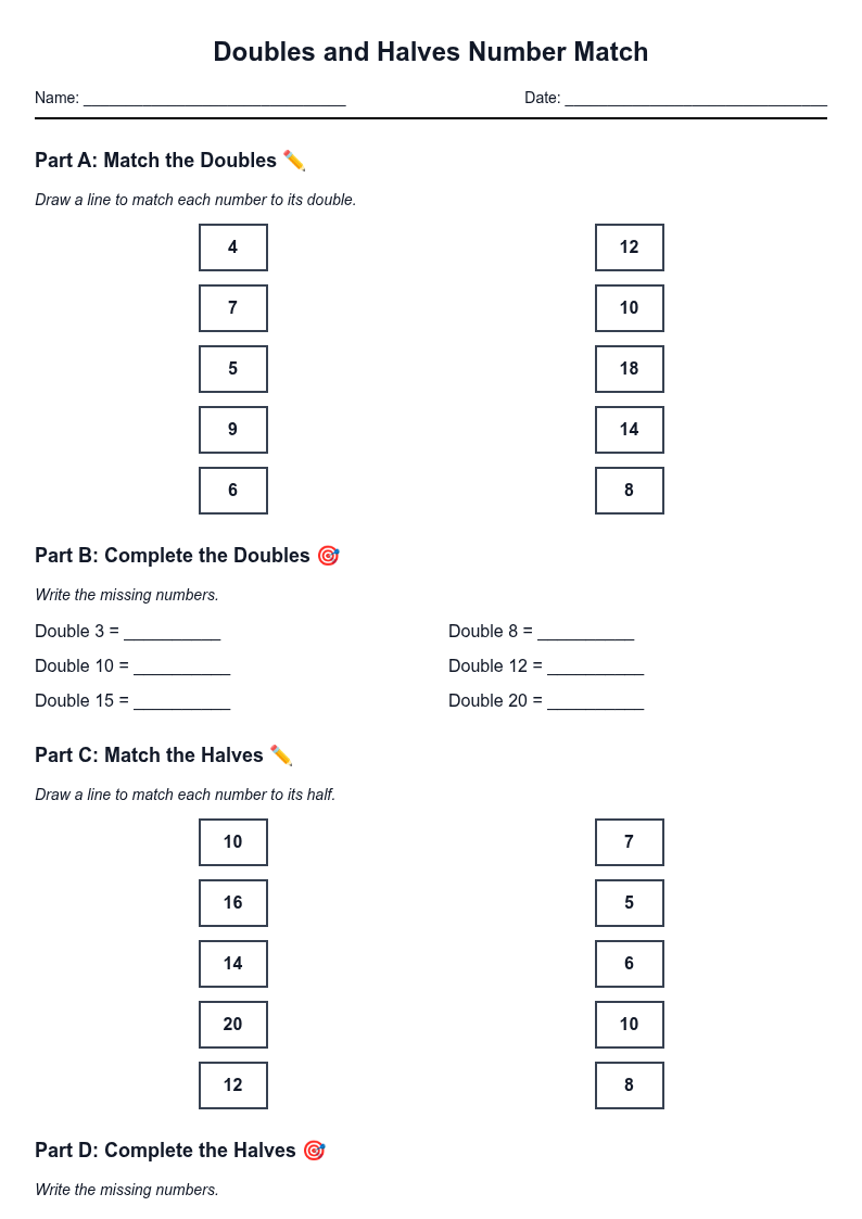 Doubles and Halves Number Match