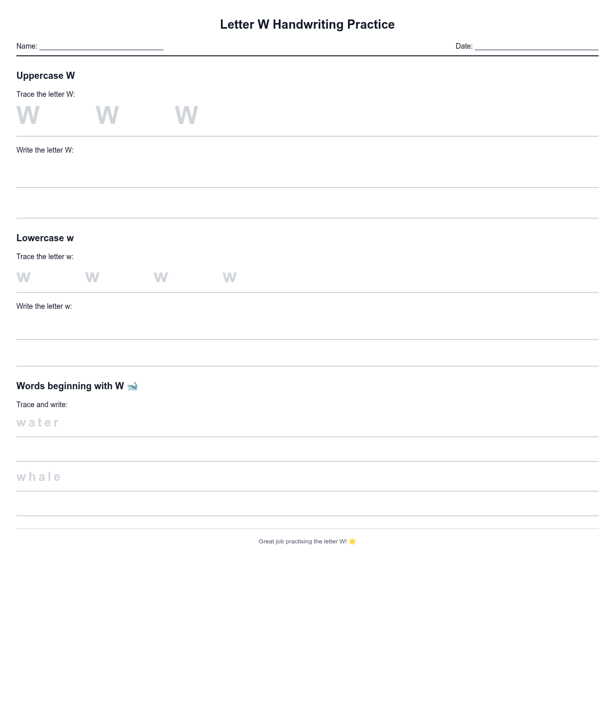 Letter W Handwriting Practice