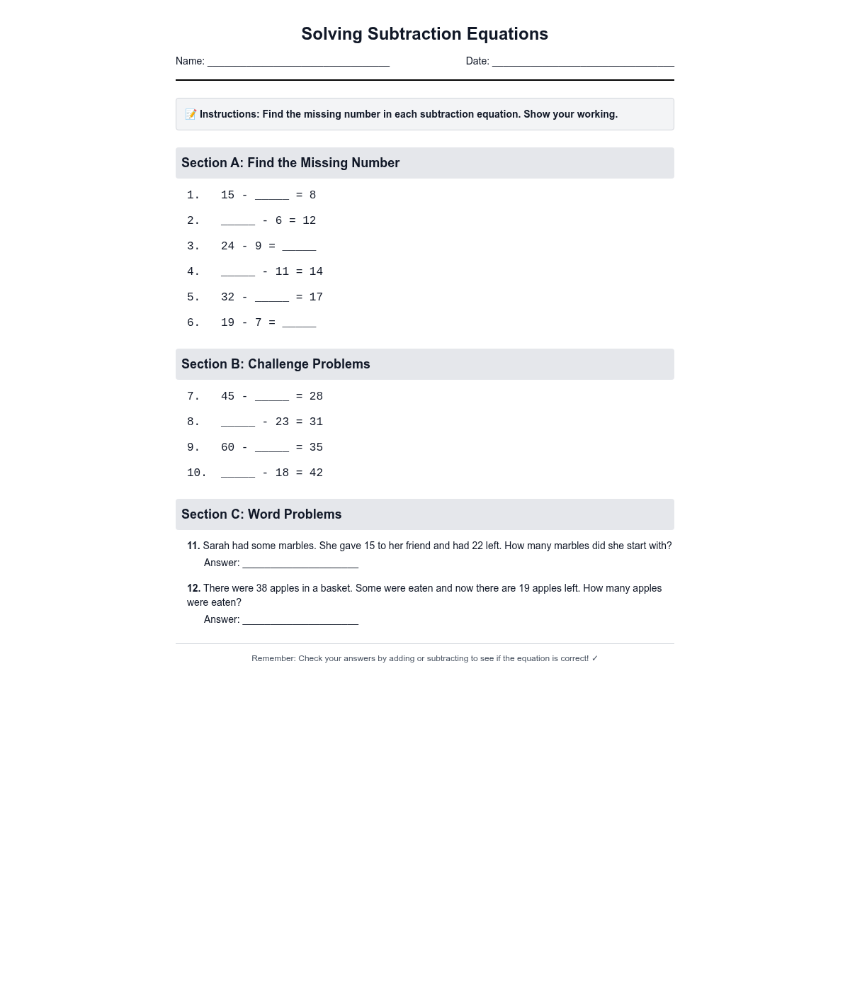 Solving Subtraction Equations