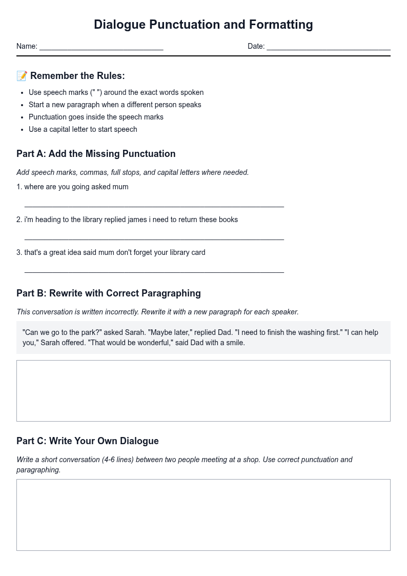 Dialogue Punctuation and Formatting Practice