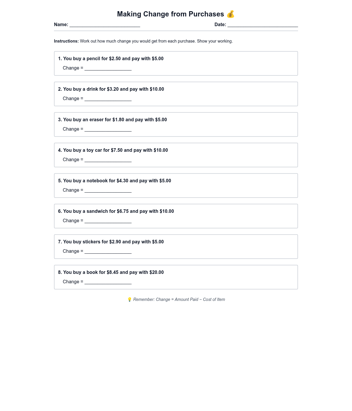 Making Change from Purchases