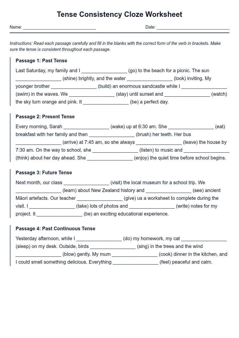 Tense Consistency Cloze Worksheet