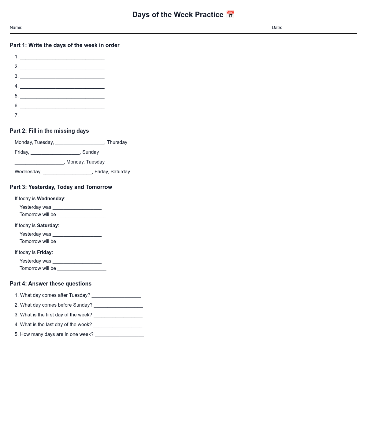 Days of the Week Practice