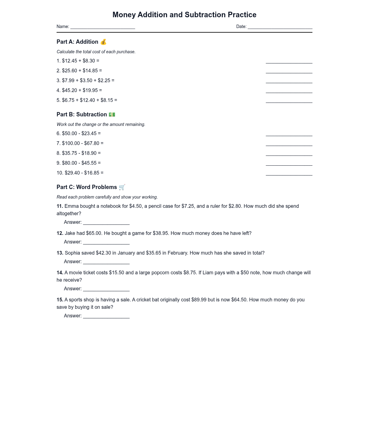Money Addition and Subtraction Practice