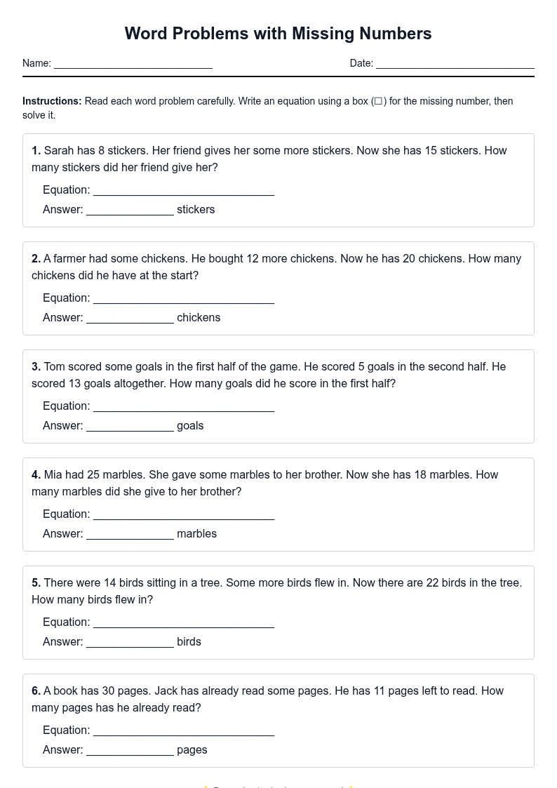 Word Problems with Missing Numbers
