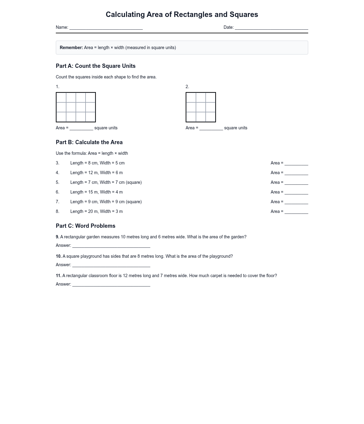 Calculating Area of Rectangles and Squares