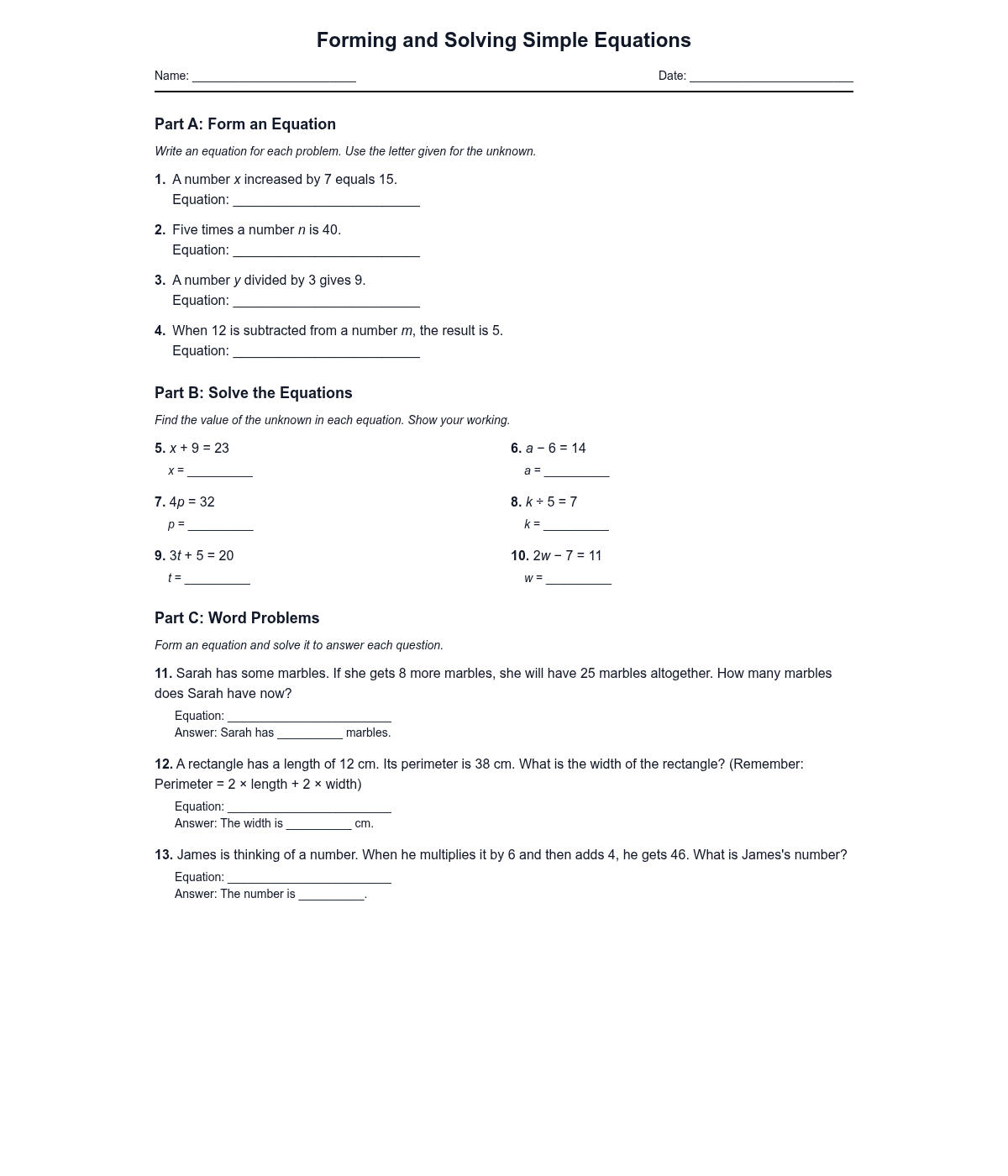 Forming and Solving Simple Equations