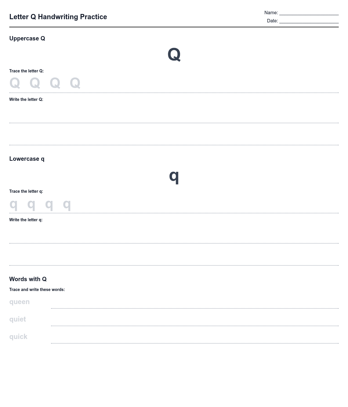 Letter Q Handwriting Practice