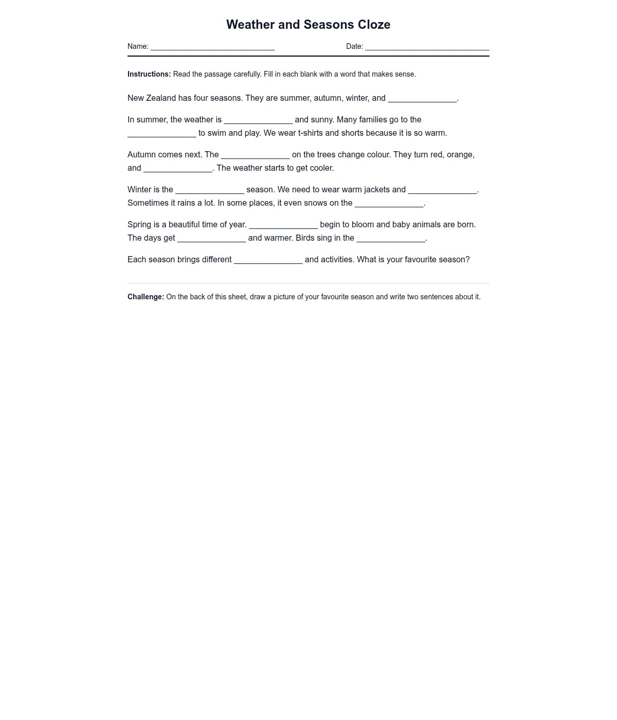 Weather and Seasons Cloze