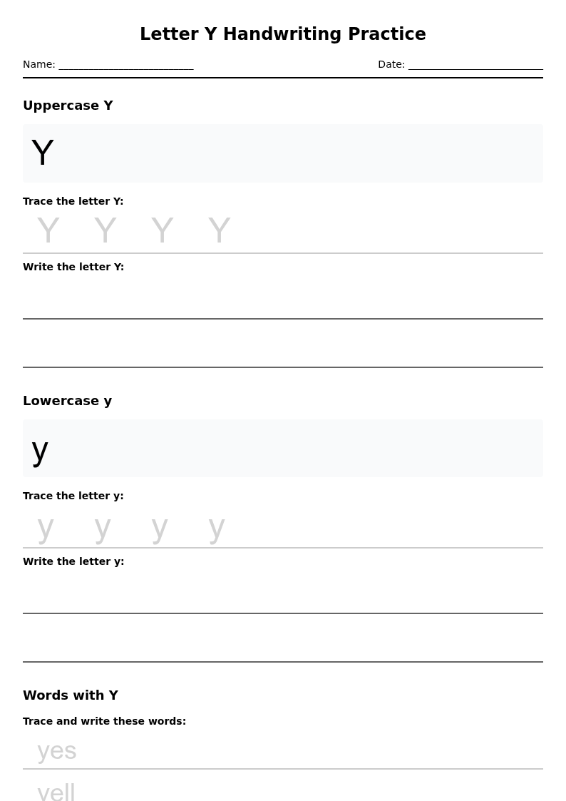 Letter Y Handwriting Practice