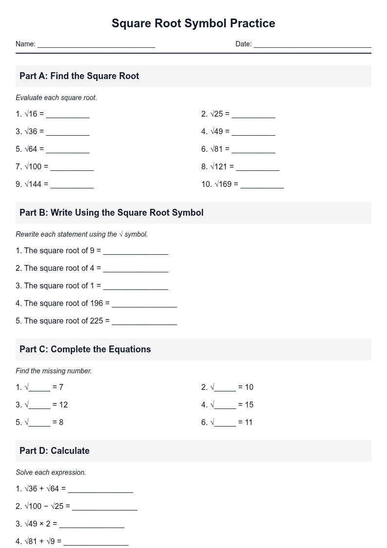 Square Root Symbol Practice