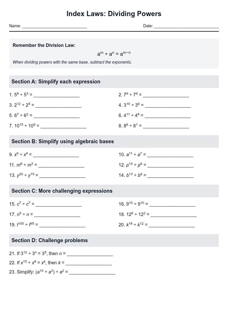 Index Laws: Dividing Powers