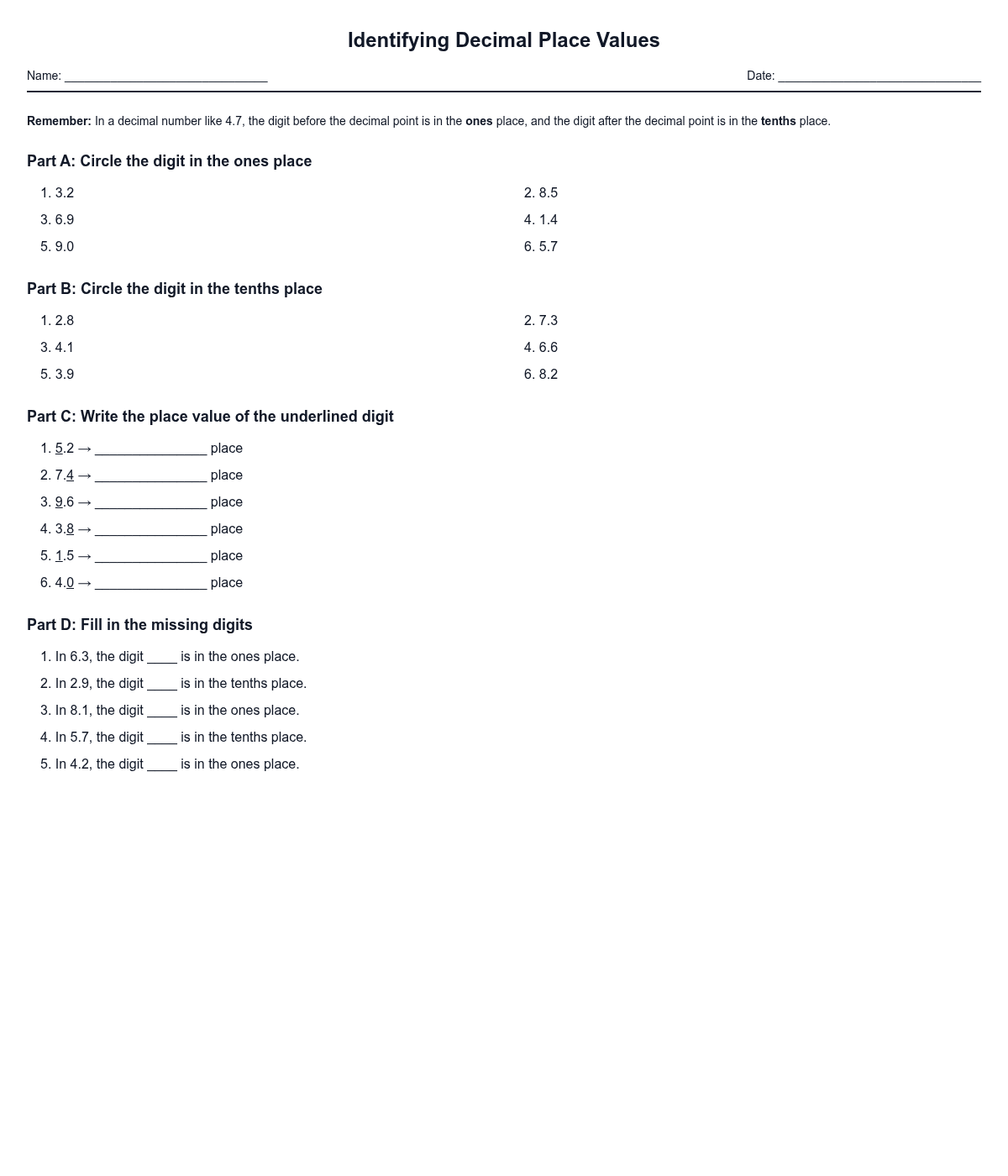 Identifying Decimal Place Values