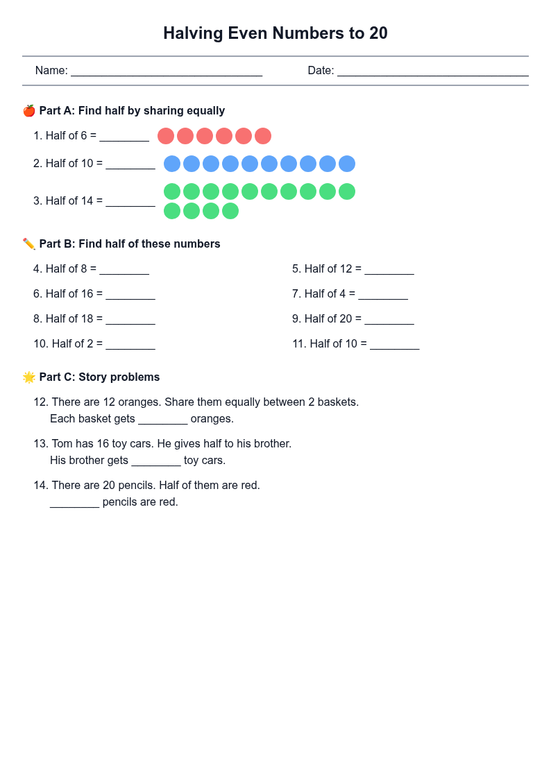Halving Even Numbers to 20