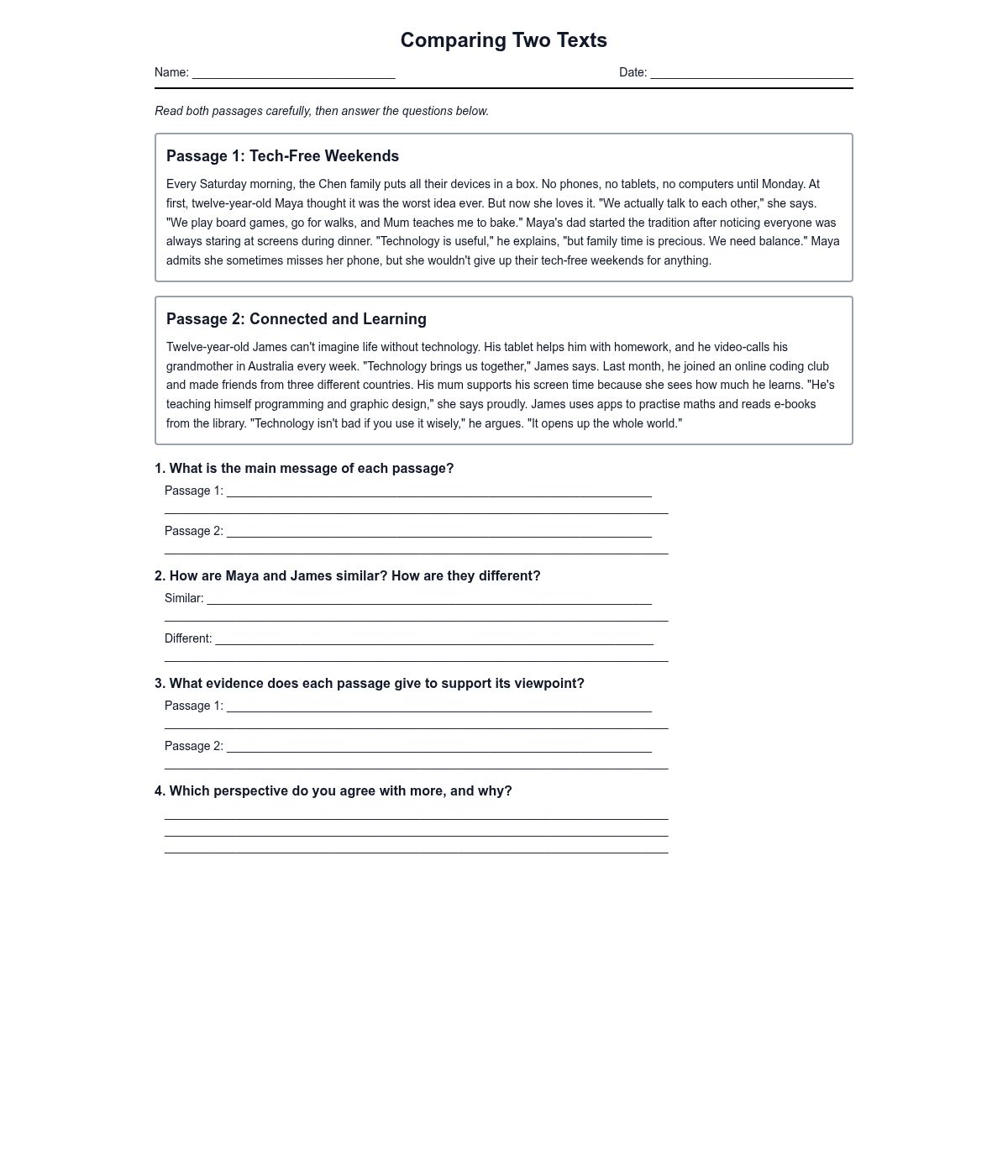 Comparing Two Texts Reading Comprehension