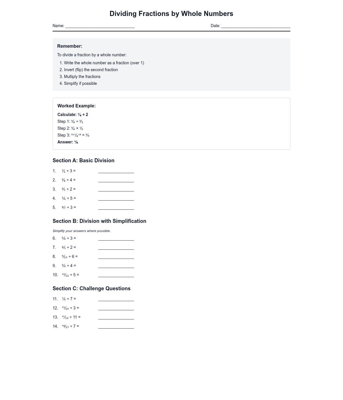 Dividing Fractions by Whole Numbers