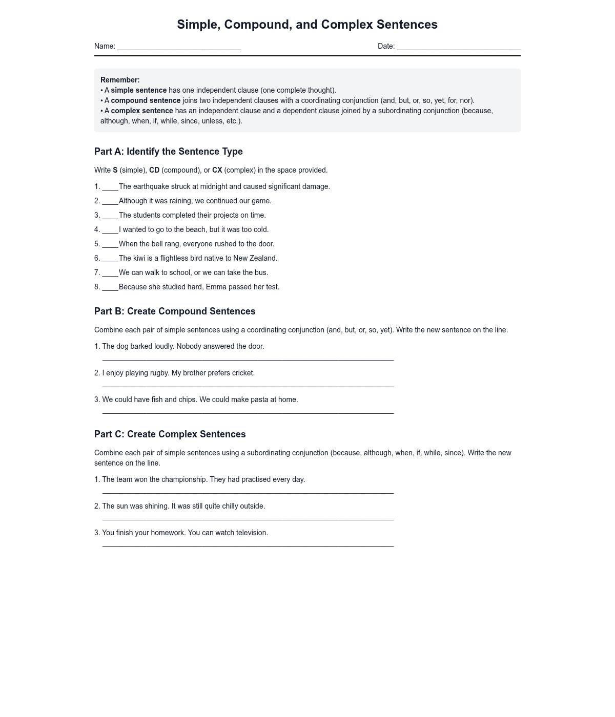 Simple, Compound, and Complex Sentences