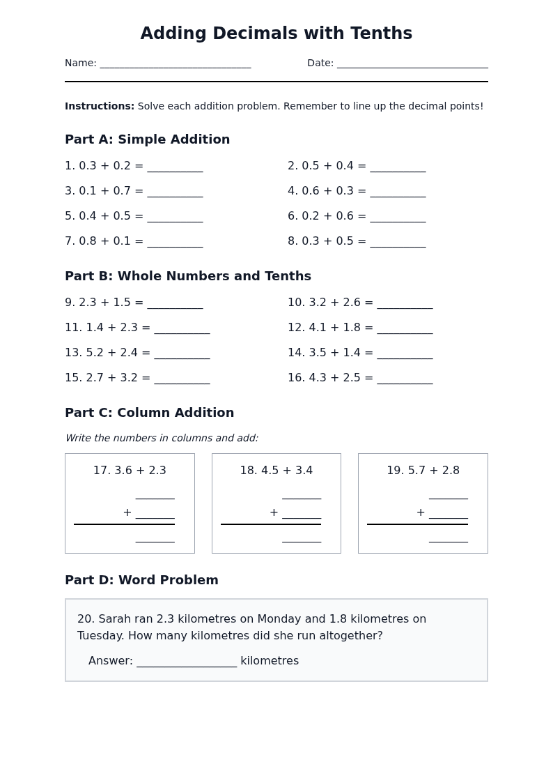 Adding Decimals with Tenths