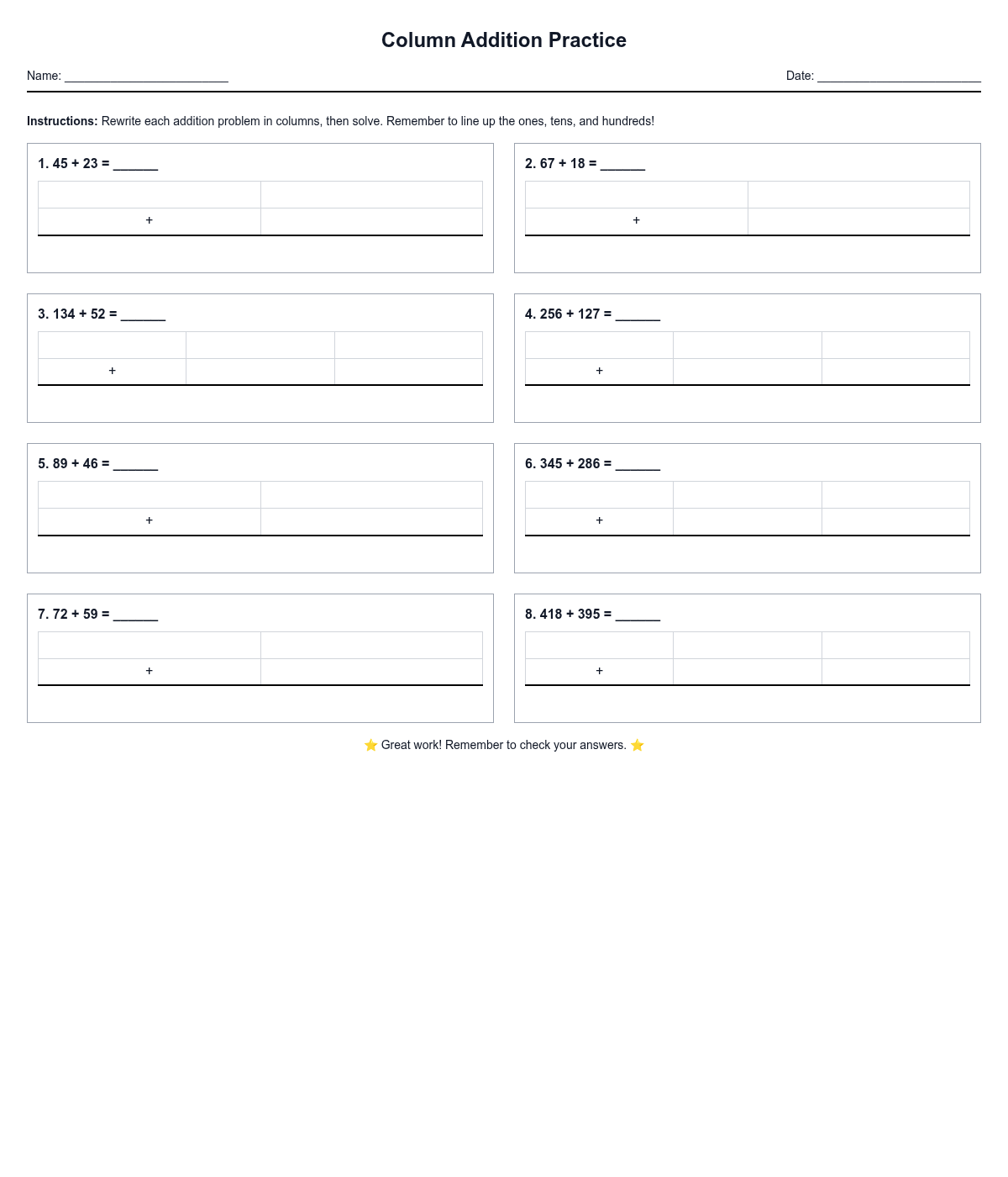 Column Addition Practice