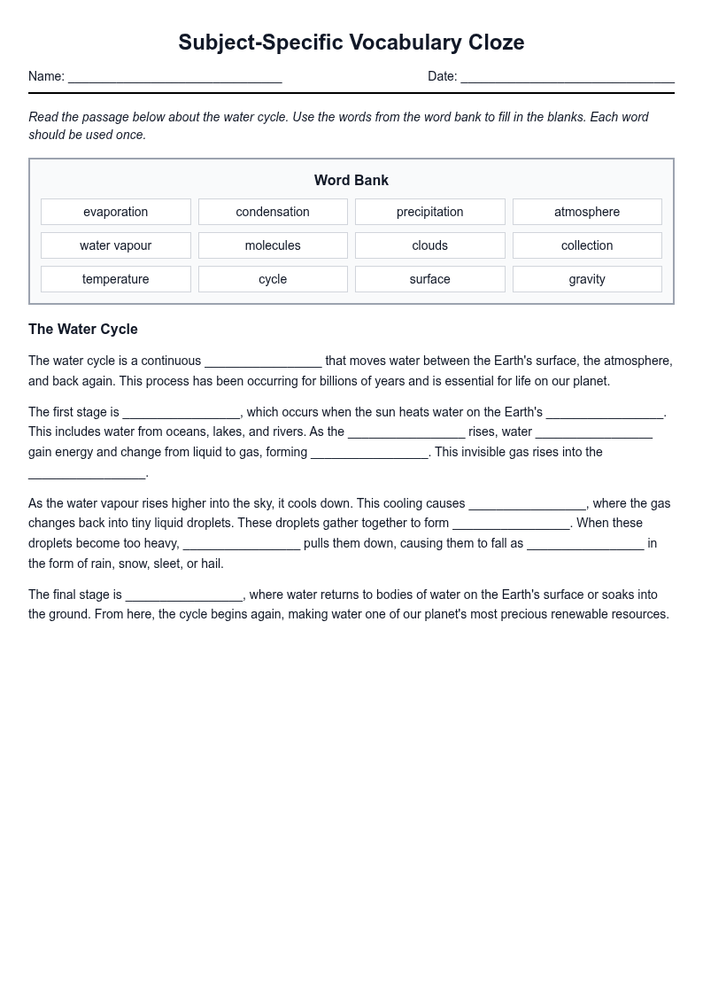 Subject-Specific Vocabulary Cloze