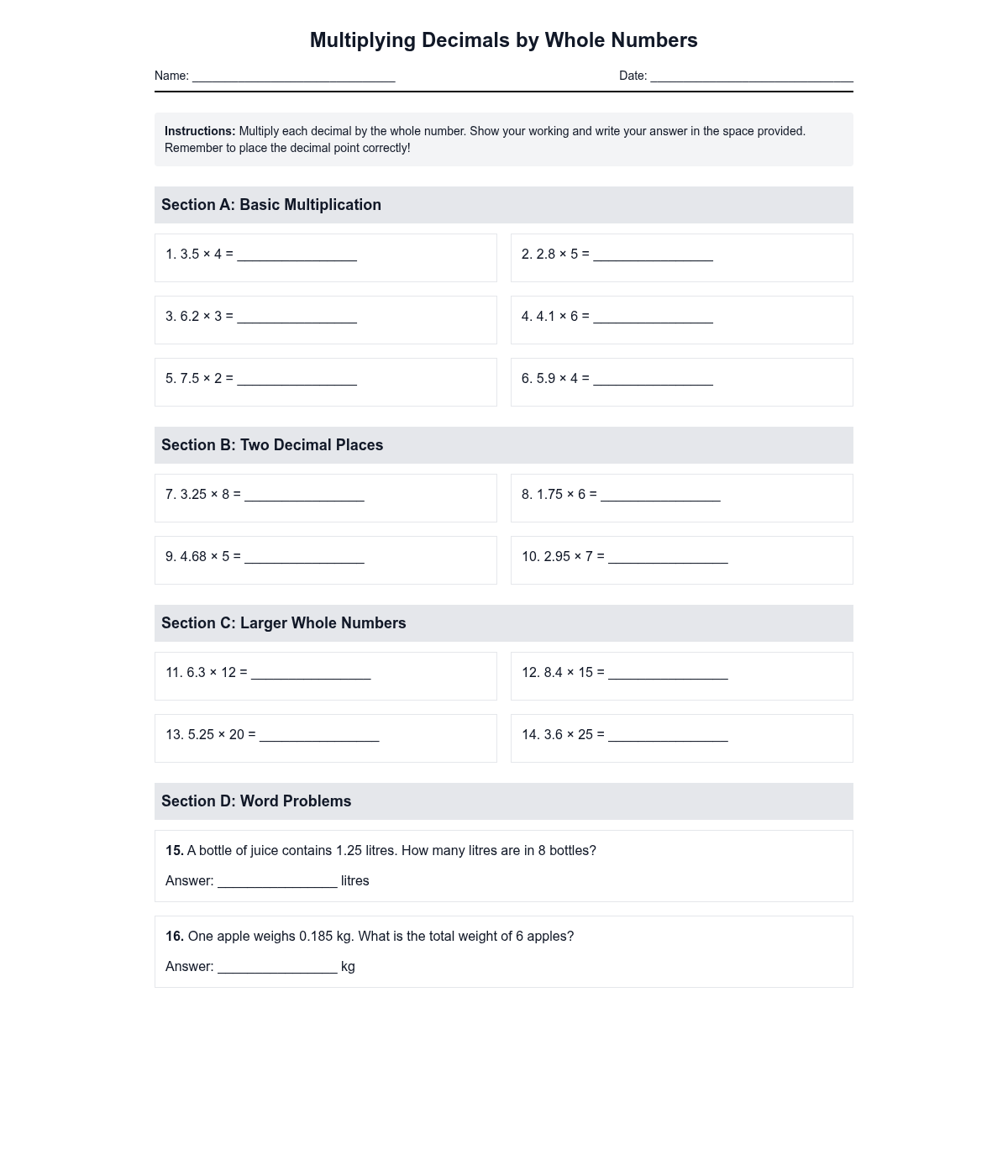 Multiplying Decimals by Whole Numbers