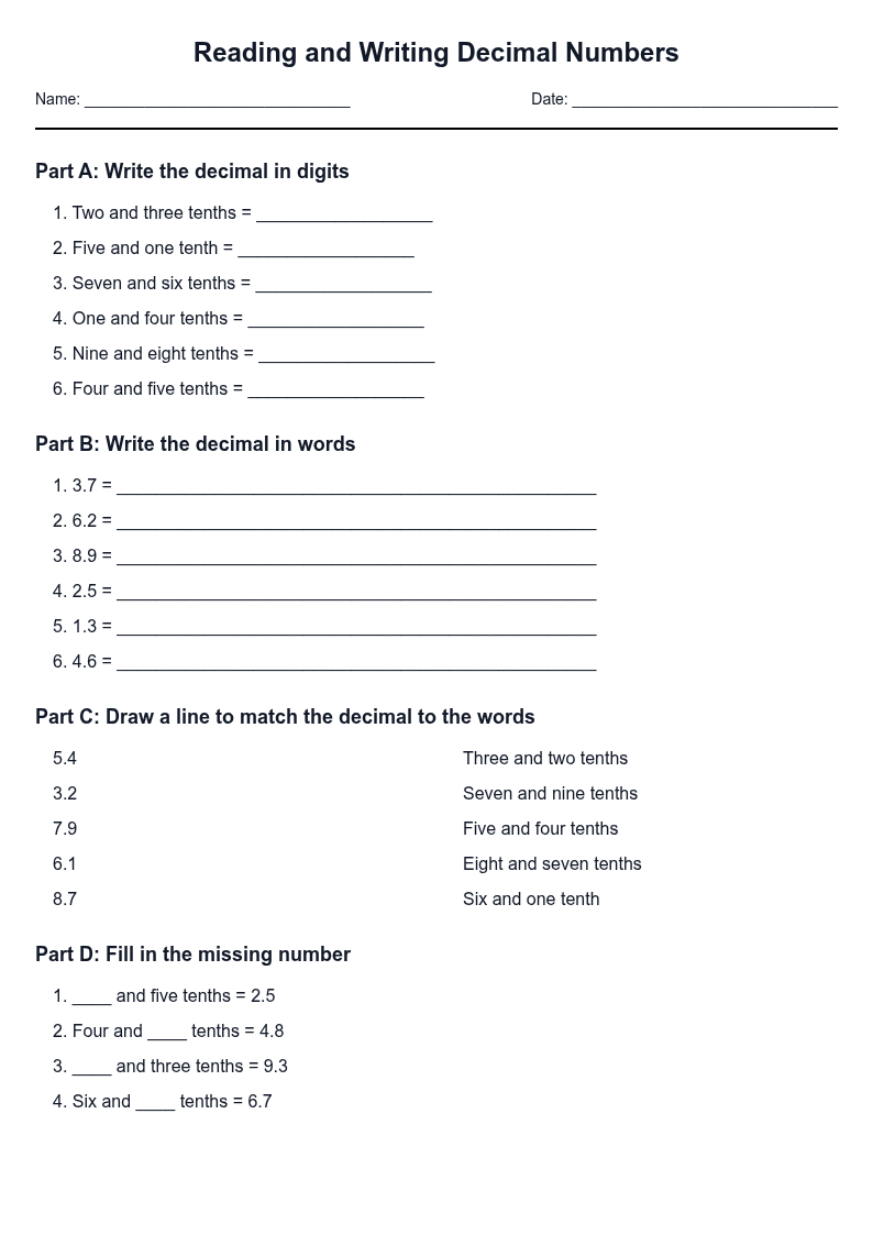 Reading and Writing Decimal Numbers