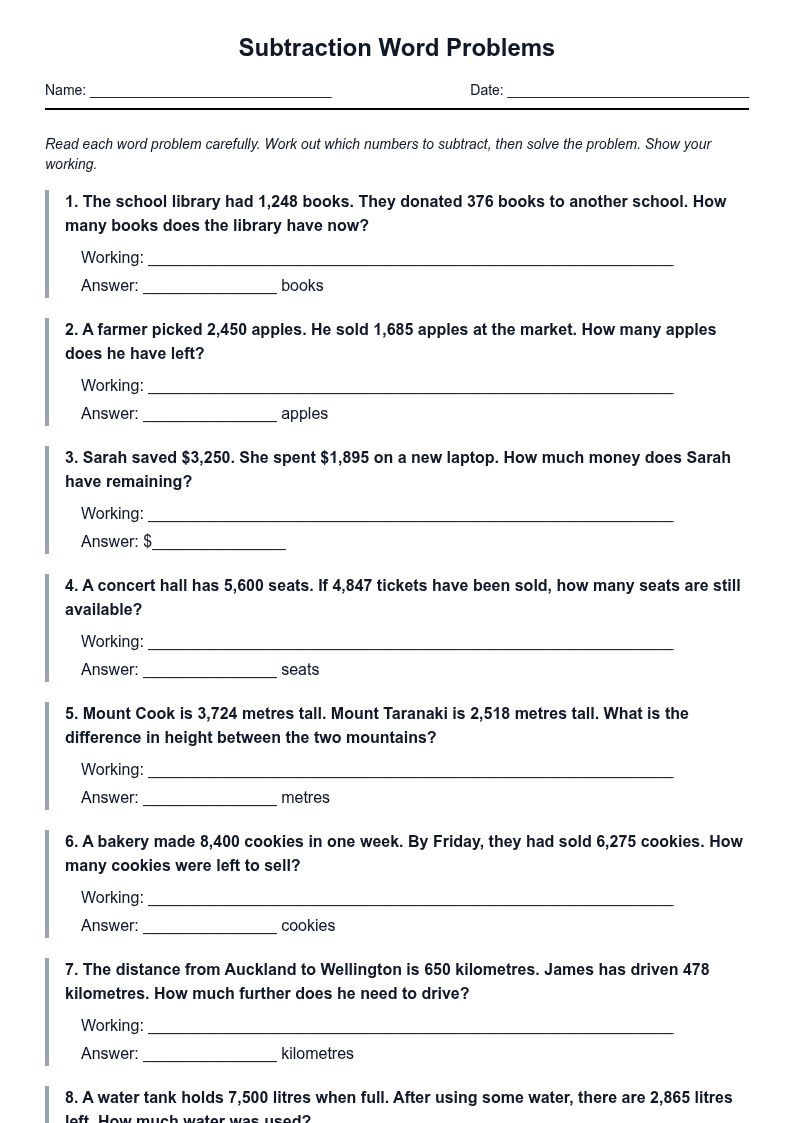 Subtraction Word Problems