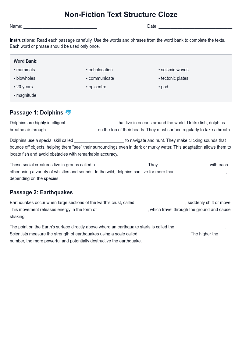 Non-Fiction Text Structure Cloze