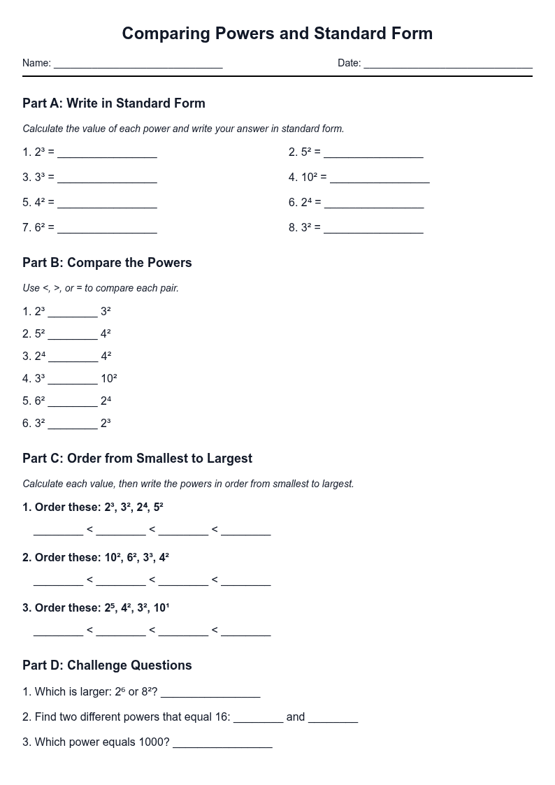 Comparing Powers and Standard Form