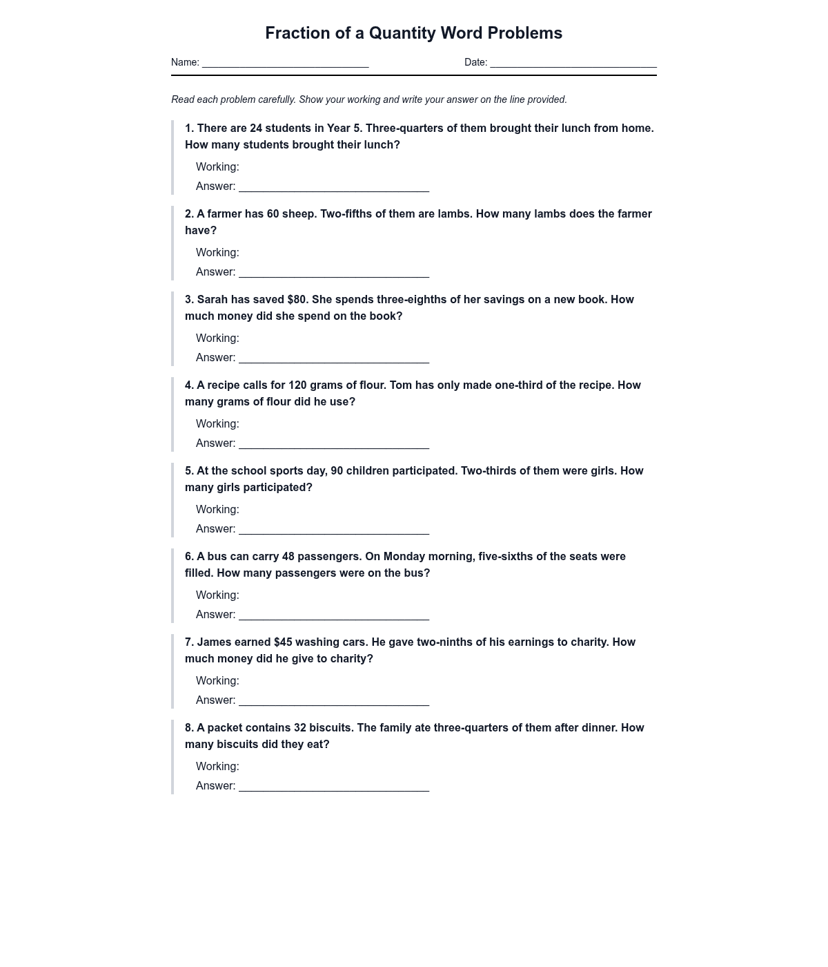 Fraction of a Quantity Word Problems