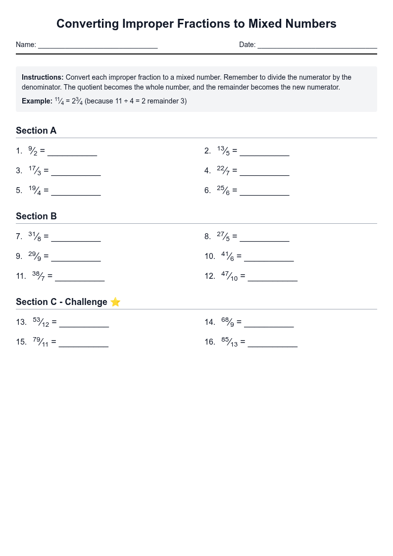 Converting Improper Fractions to Mixed Numbers